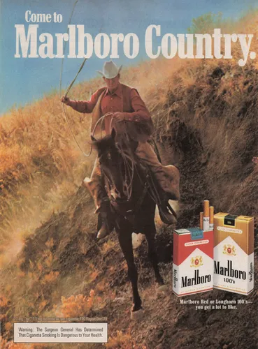 eBay listing image for 1980 Vintage Print Ad Come To Marlboro Country Cowboy Horse Cigarettes Frontier