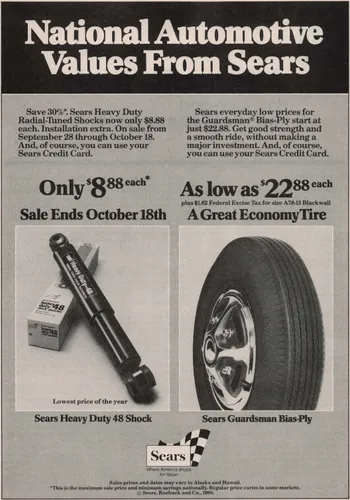 eBay listing image for 1980 Vintage Print Ad Sears National Automotive Values Shocks Guardsman Tires